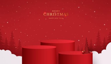 Noel 'de ya da yeni yılda kozmetik ürünleri sergilemek için podyum şekli. Kırmızı zemin üzerinde yılbaşı ışıklandırmalı ürün sergisi. vektör tasarımı.