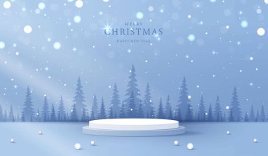 Noel 'de ya da yeni yılda kozmetik ürünleri sergilemek için podyum şekli. Kırmızı zemin üzerinde yılbaşı ışıklandırmalı ürün sergisi. vektör tasarımı.