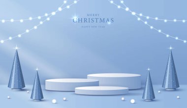 Noel 'de ya da yeni yılda kozmetik ürünleri sergilemek için podyum şekli. Kırmızı zemin üzerinde yılbaşı ışıklandırmalı ürün sergisi. vektör tasarımı.