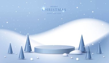 Noel 'de ya da yeni yılda kozmetik ürünleri sergilemek için podyum şekli. Kırmızı zemin üzerinde yılbaşı ışıklandırmalı ürün sergisi. vektör tasarımı.