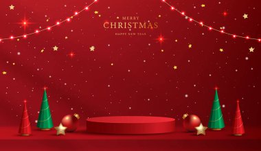 Noel 'de ya da yeni yılda kozmetik ürünleri sergilemek için podyum şekli. Kırmızı zemin üzerinde yılbaşı ışıklandırmalı ürün sergisi. vektör tasarımı.