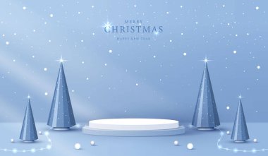 Noel 'de ya da yeni yılda kozmetik ürünleri sergilemek için podyum şekli. Kırmızı zemin üzerinde yılbaşı ışıklandırmalı ürün sergisi. vektör tasarımı.