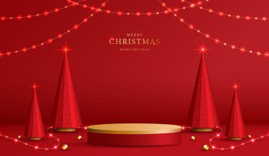 Noel 'de ya da yeni yılda kozmetik ürünleri sergilemek için podyum şekli. Kırmızı zemin üzerinde yılbaşı ışıklandırmalı ürün sergisi. vektör tasarımı.