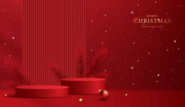 Noel 'de ya da yeni yılda kozmetik ürünleri sergilemek için podyum şekli. Kırmızı zemin üzerinde yılbaşı ışıklandırmalı ürün sergisi. vektör tasarımı.