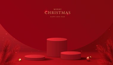 Noel 'de ya da yeni yılda kozmetik ürünleri sergilemek için podyum şekli. Kırmızı zemin üzerinde yılbaşı ışıklandırmalı ürün sergisi. vektör tasarımı.