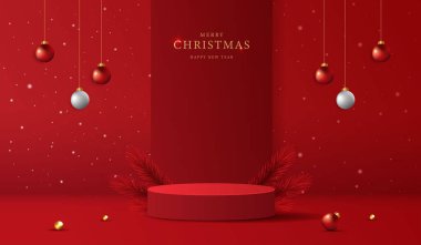 Noel 'de ya da yeni yılda kozmetik ürünleri sergilemek için podyum şekli. Kırmızı zemin üzerinde yılbaşı ışıklandırmalı ürün sergisi. vektör tasarımı.
