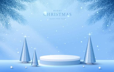 Noel 'de ya da yeni yılda kozmetik ürünleri sergilemek için podyum şekli. Mavi arka planda yılbaşı ışıklandırmalı ürün sergisi. vektör tasarımı.