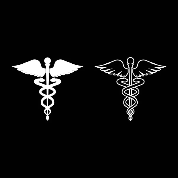 Beyaz renk illüstrasyon düz stil basit resim anahat caduceus sağlık sembol Asklepios'ın değnek Icon set