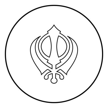 Khanda sembolü sikhi işareti simgesi anahat daire siyah renk vektör çizim basit resim düz tarzı