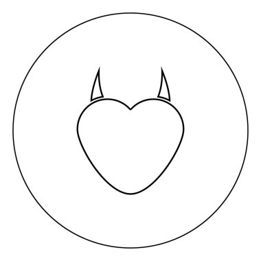 Kalp ile şeytan boynuzu simge siyah renk daire Anahat vektör çizim