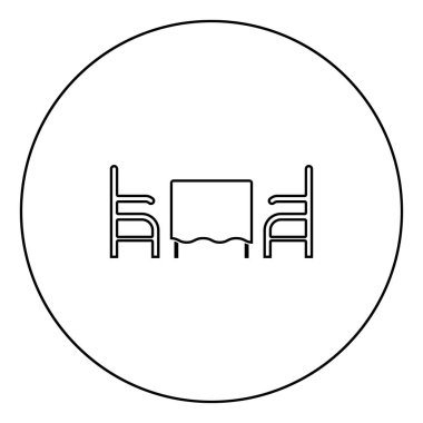 Tablo ve iki sandalye veya koltuk restoran siyah simgesi daire Anahat vektör illüstrasyon izole içinde