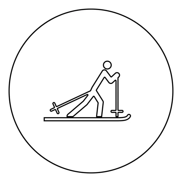 圆形轮廓矢量图中的滑雪者黑色图标隔离 — 图库矢量图片