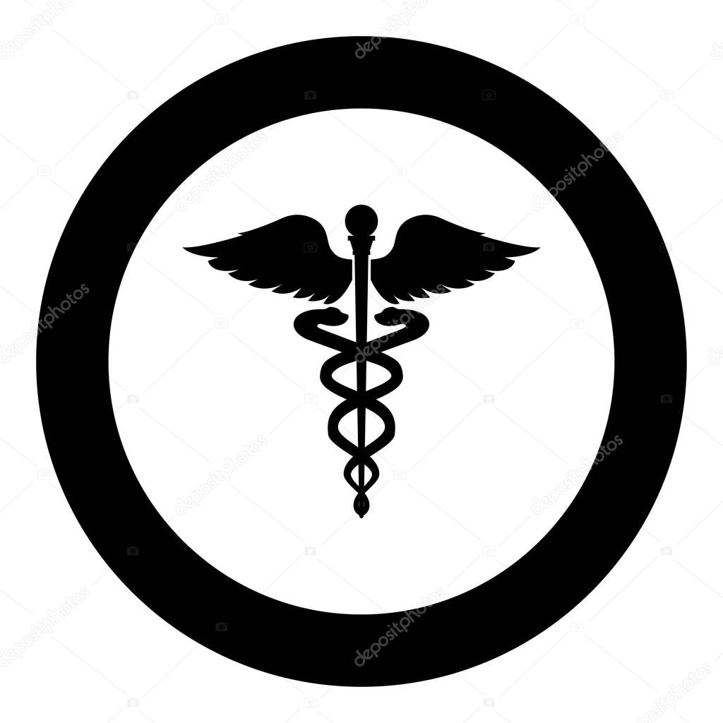 Caduceus health symbol Asclepius's Wand icon black color in circle round vector illustration