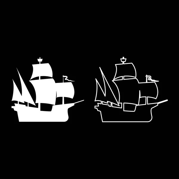中世纪船舶图标集白色矢量插画平面样式简单图像 — 图库矢量图片