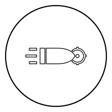Hedef simgesi siyah renkli daire içinde uçan mermi anahat yuvarlak