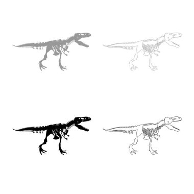 Gri siyah renkli düz stil basit görüntü illüstrasyon dinozor iskelet T rex Icon set