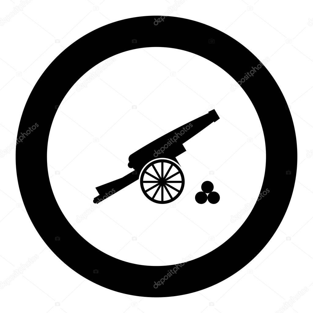 Medieval cannon firing cores icon black color in round circle vector illustration