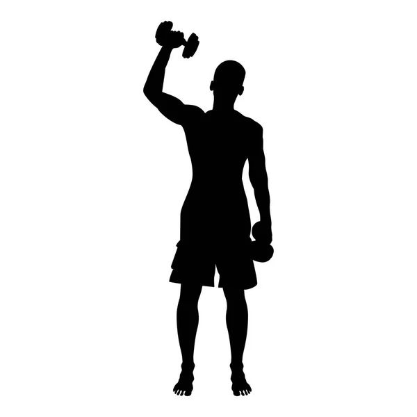 Man Doing Exercises Dumbbells Sport Action Male Workout Silhouette Front — Stock Vector