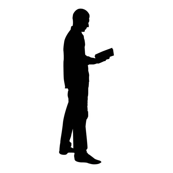 Hombre Pie Leyendo Concepto Silhouette Aprendizaje Icono Del Documento Negro — Vector de stock