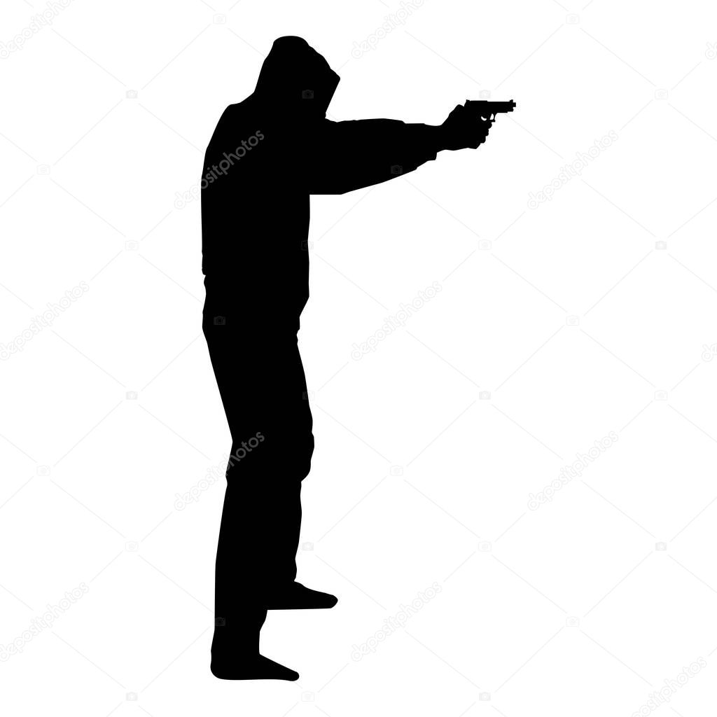 Man in the hood with gun Concept danger outstretched arms icon black color vector illustration flat style simple image