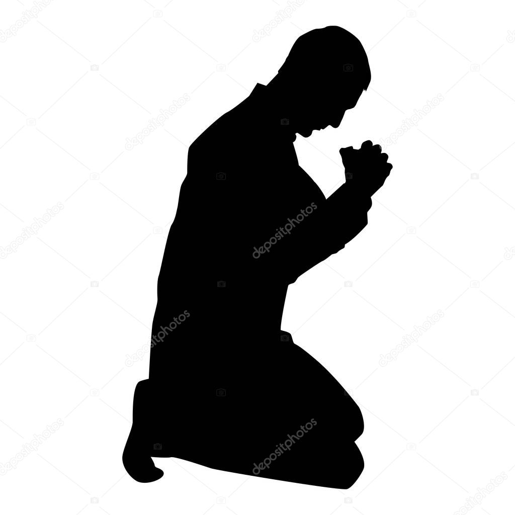 Man pray on his knees silhouette icon black color vector illustration flat style simple image