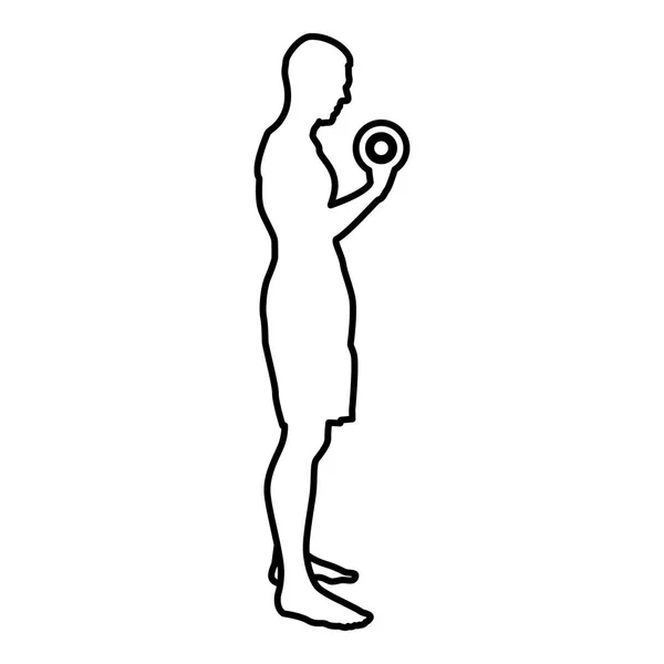 ダンベル スポーツ アクション男性試しシルエット側ビュー アイコン黒色ベクトル図フラット スタイル シンプルな画像の概要と演習をしている男性 — ストックベクタ