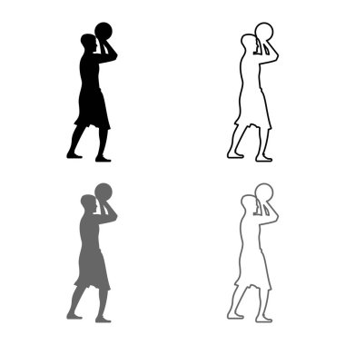 Bir basketbol adam çekim top yan görünümü simgesi set gri siyah renk vektör anahat düz stil basit görüntü illüstrasyon basketbol oyuncu atar