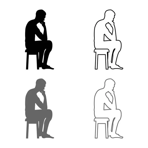 Pensant Homme Assis Sur Tabouret Silhouette Icône Ensemble Gris Noir — Image vectorielle