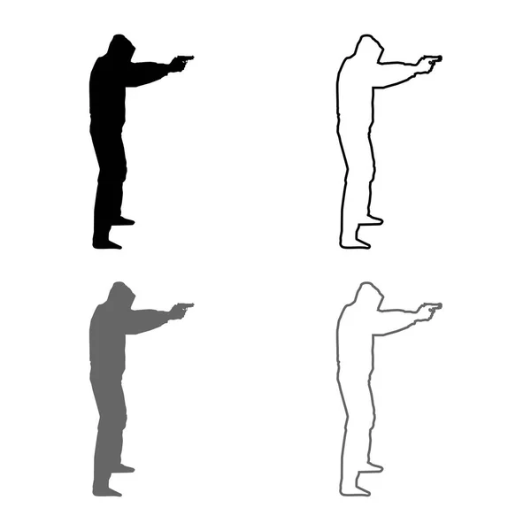 銃コンセプト危険両腕アイコン セット グレー ブラック色ベクトル図概要フラット スタイル シンプルなイメージとフードの男 — ストックベクタ
