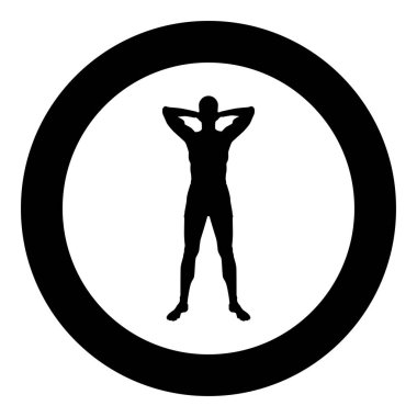 Kavramı relax adam baş simge siyah renkli vektör çizim düz stil basit imagein daire arkasında ellerini tutar egzersiz yaparak sporcu