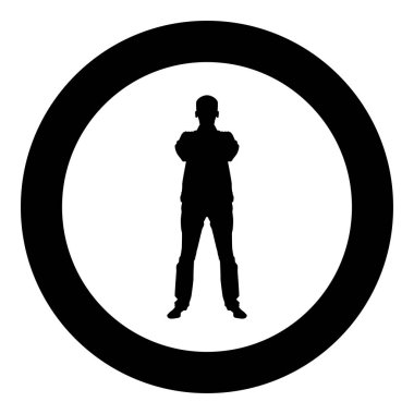 Kendine güvenen adam kollarını çapraz iş adam siluet kavramı ön görünüm simgesi siyah renk vektör çizim düz stil basit imagein daire