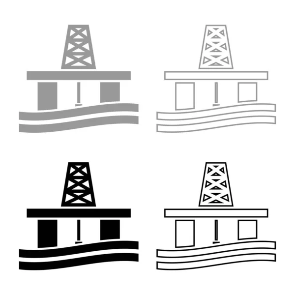 Ásványolaj Platform Icon Set Szürke Fekete Színű — Stock Vector