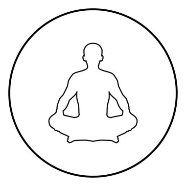 Adam poz lotus Yoga meditasyon pozisyon siluet Asana simge siyah renkli Anahat vektör düz stil basit görüntü illüstrasyon daire yuvarlak poz