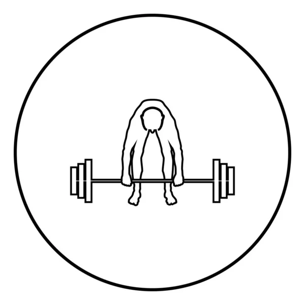 肌肉的人举重运动员做提高杠铃运动员提高重量轮廓图标黑色轮廓矢量插图平面风格简单的图像在圆圆 — 图库矢量图片