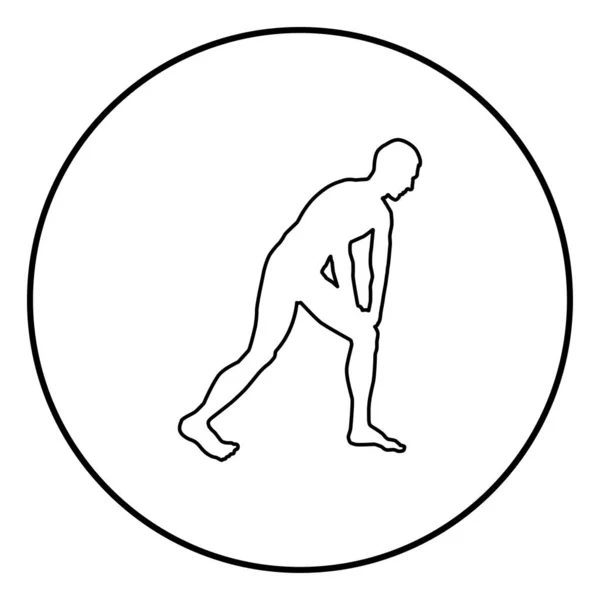 男人做锻炼热身运动行动男性锻炼剪影之前 你运行侧视图图标黑色轮廓矢量插画平面风格简单的图像在圆圆圆 — 图库矢量图片