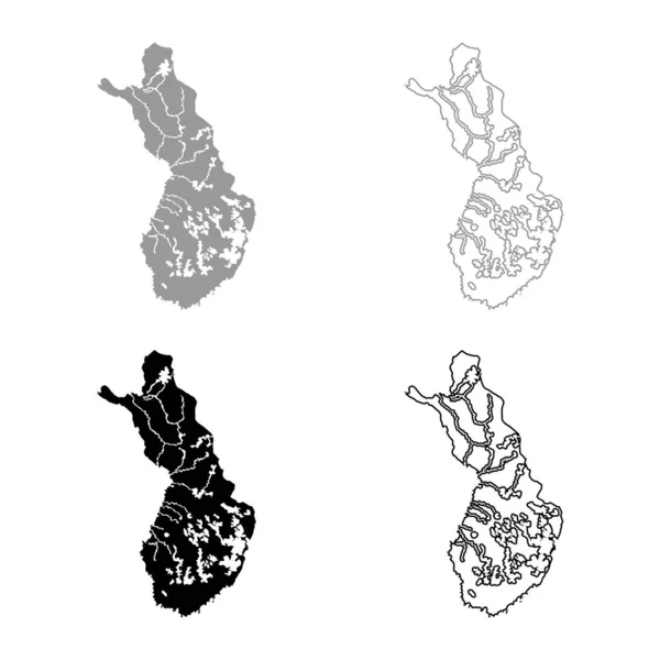 芬兰地图图标设置灰色黑色矢量插图轮廓平面风格简单的图像 — 图库矢量图片