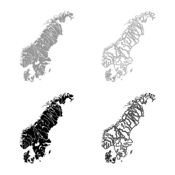 Mapa Escandinavia Icono Conjunto Gris Negro Vector Ilustración Esquema Plano — Archivo Imágenes Vectoriales
