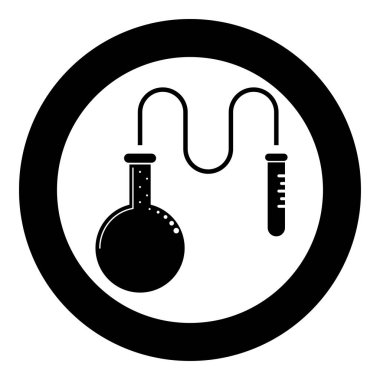 İnce bir tüp kimyasal reaksiyon kavramı simge siyah renk vektör yuvarlak düz stil görüntü illüstrasyon çember kullanarak tüp ile damıtma Flask kimyasal reaktifler için yağ