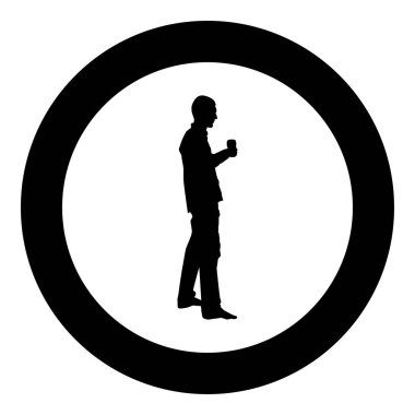 Adam tutar elinde kadeh şarap tost tatil yapmak üzere daire yuvarlak düz stil görüntü illüstrasyon kavramı simge siyah renk vektör