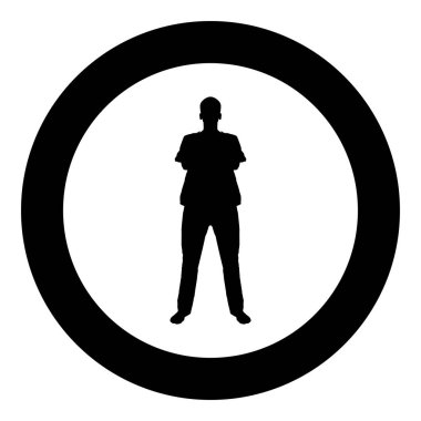 Dostum ayakta eller ile tıbbi giysiler katlanmış ellerle cerrah diş hekimi geçti onun göğüs cerrahi işlem ön Görünümü simgesi siyah renk vektör daire içinde sonu kavramı illustratio yuvarlak