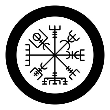 Vegvisir Runik pusula galdrastav gezinti pusula sembol simge siyah renk vektör yuvarlak düz stil görüntü illüstrasyon çember içinde