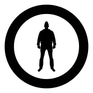 Açık simge siyah renk vektör yuvarlak düz stil görüntü illüstrasyon çember ile kap görünümünde duran adam