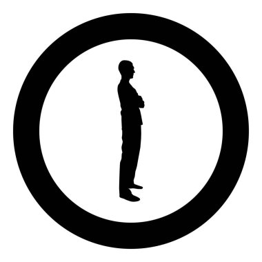 Dostum ayakta eller ile tıbbi giysiler katlanmış ellerle cerrah diş hekimi geçti onun göğüs Cerrahi operasyon yan görünümü simgesi siyah renk vektör daire içinde sonu kavramı illüstrasyon yuvarlak