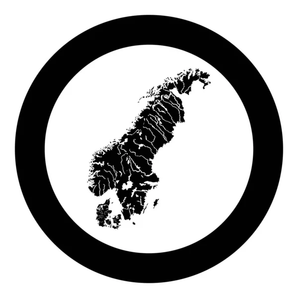 地图斯堪的纳维亚半岛图标黑色彩色矢量在圆圆例证平面样式图 — 图库矢量图片