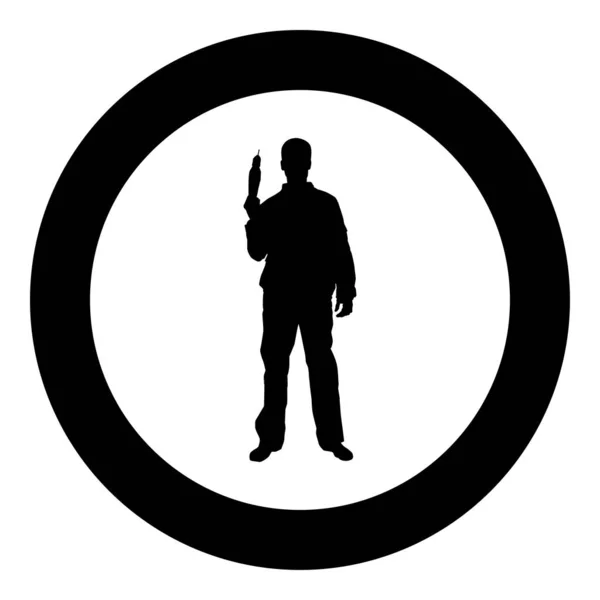 Reparateur master man in overall met gereedschap in zijn handen elektrische boor weergave met front pictogram zwarte kleur vector in cirkel ronde platte stijl illustratie — Stockvector