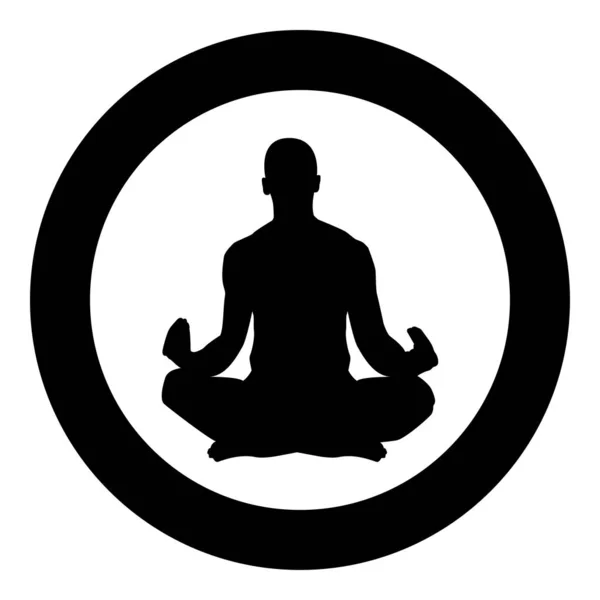 Méditer l'homme Pratiquer l'icône de symbole de yoga vecteur de couleur noire en cercle illustration ronde image de style plat — Image vectorielle