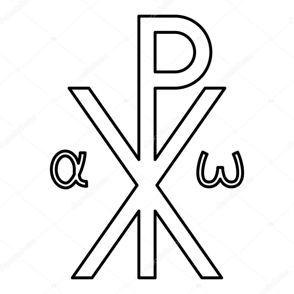 Crismon symbol Cross monogram Xi Hi Ro Konstantin Symbol Saint Pastor sign Religious cross Alfa Omega icon black color outline vector illustration flat style image