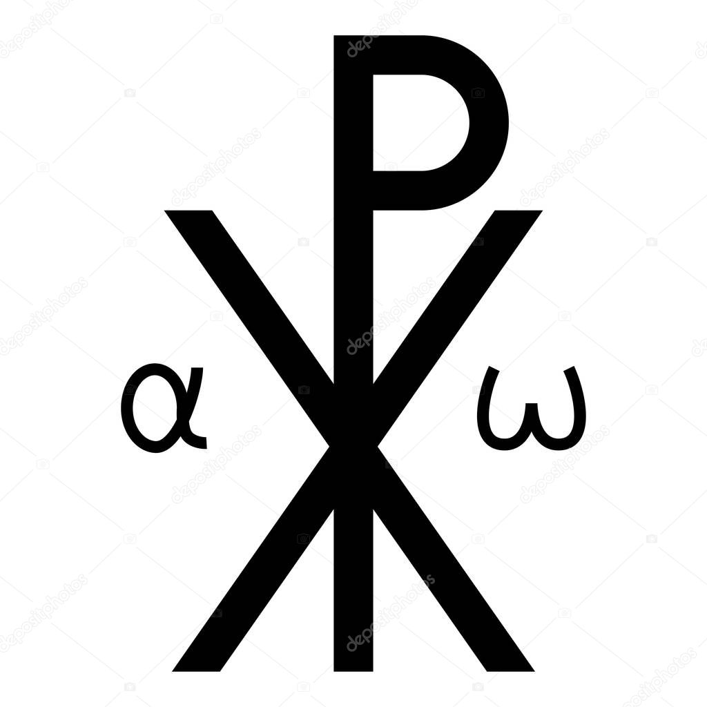 Crismon symbol Cross monogram Xi Hi Ro Konstantin Symbol Saint Pastor sign Religious cross Alfa Omega icon black color vector illustration flat style image