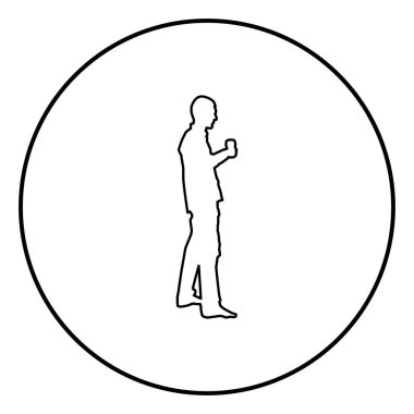 Adam tutar elinde kadeh şarap tost tatil yapmak üzere kavramı simge anahat siyah renk vektör yuvarlak düz stil görüntü illüstrasyon çember içinde