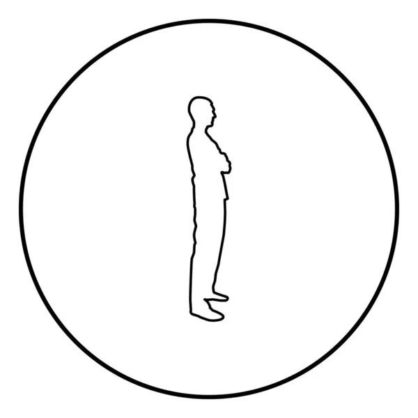 男子站在双手交叉牙医外科医生在医疗服与双手在他的胸部的概念手术结束的概念侧视图图标轮廓黑色矢量在圆圆的伊鲁 — 图库矢量图片